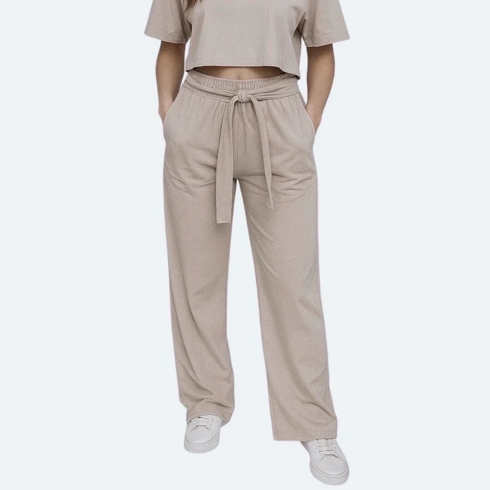 ZARA Wide Leg Belted Cotton Blend Pants Beige XL Casual Resortwear Travel 97-42